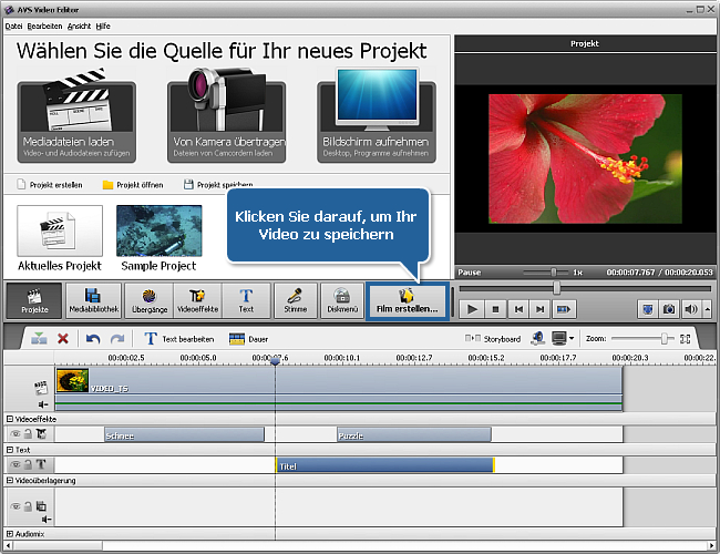 Wie speichert man das Projekt oder Video im AVS Video Editor? Schritt 2