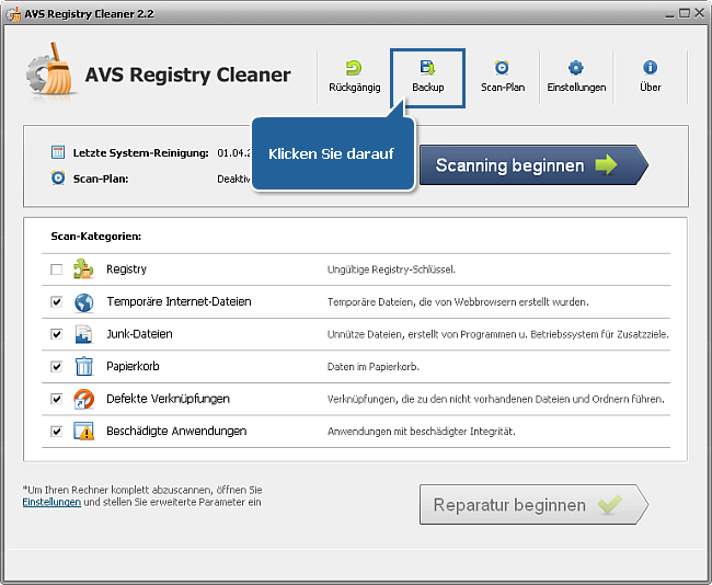 Wie kann man ein Backup von der Windows-Registry mit AVS Registry Cleaner erstellen und sie wiederherstellen? Schritt 2