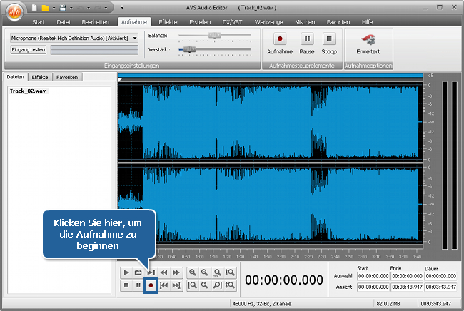 Wie zeichnet man Stimme oberhalb eines Audiotracks mit dem AVS Audio Editor auf? Schritt 5
