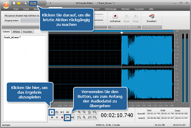 Wie zeichnet man Stimme oberhalb eines Audiotracks mit dem AVS Audio Editor auf? Schritt 5