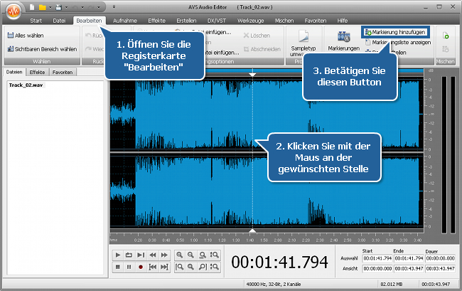 Wie teilt man eine Audiodatei in separate Tracks mit dem AVS Audio Editor? Schritt 3
