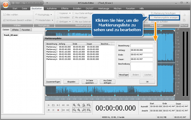 Wie teilt man eine Audiodatei in separate Tracks mit dem AVS Audio Editor? Schritt 3