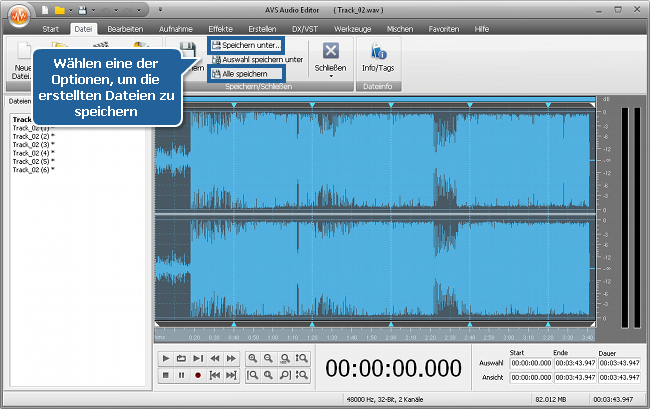 Wie teilt man eine Audiodatei in separate Tracks mit dem AVS Audio Editor? Schritt 5