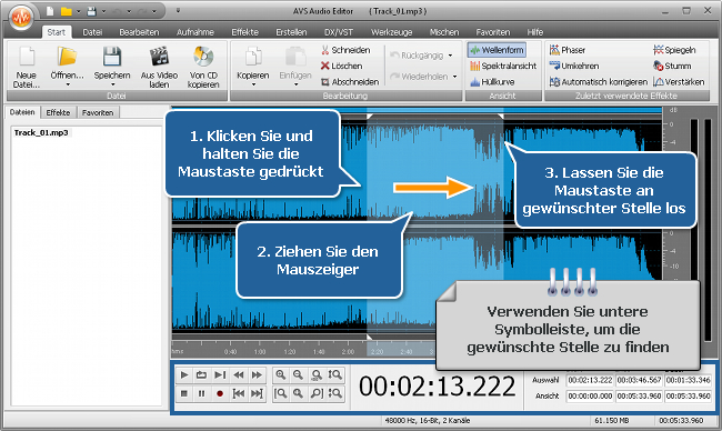 Wie kann man mit dem AVS Audio Editor die Audiospur für eine Mediadatei passend machen? Schritt 3
