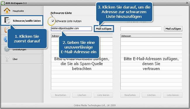Wie kann man eine E-Mail-Adresse zur schwarzen oder weißen Liste hinzufügen? Schritt 2