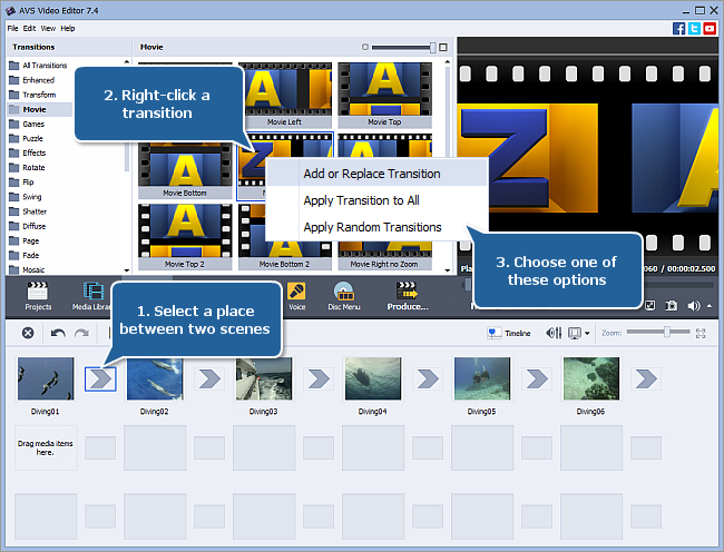 How to add video transitions between scenes? Step 1