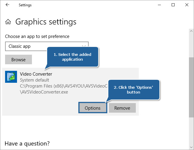 How to set Intel Graphics as a preferred graphics processor for the AVS4YOU applications on Windows 10 starting with v.1803? Step 2