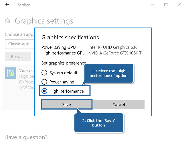 How to set NVIDIA as a preferred graphics processor for the AVS4YOU applications on Windows 10 starting with v.1803? Step 2