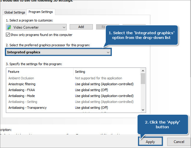 How to set Intel Graphics as a preferred graphics processor for the AVS4YOU applications on your laptop? Step 2
