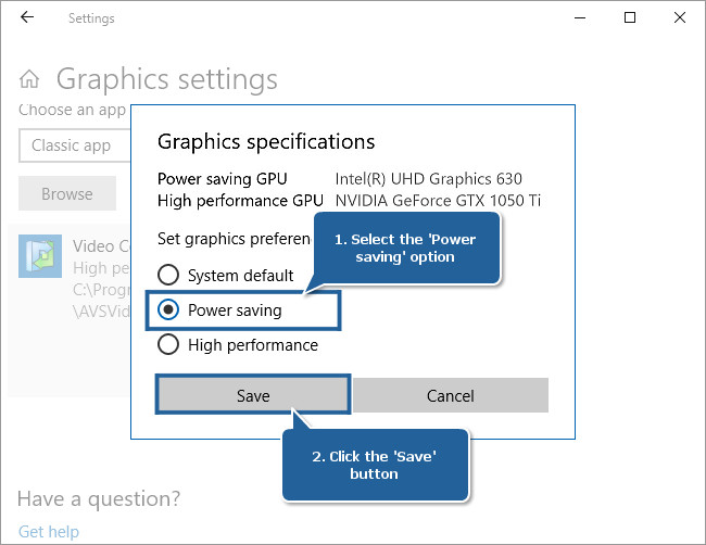 How to set Intel Graphics as a preferred graphics processor for the AVS4YOU applications on Windows 10 starting with v.1803? Step 2