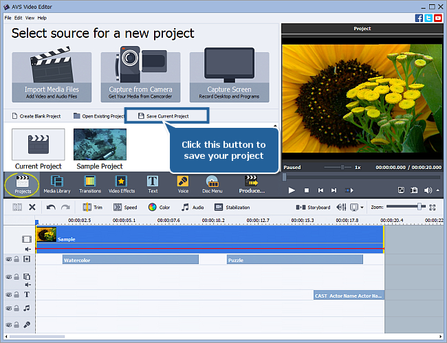 How to save the project and the video in AVS Video Editor? Step 1