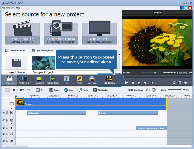 How to save the project and the video in AVS Video Editor? Step 2