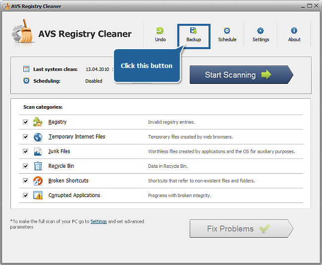 How to backup and restore registry with AVS Registry Cleaner? Step 2