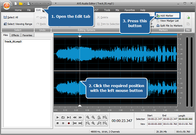 using wavepad free to split audio file