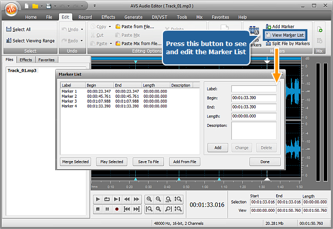 How to split an audio file into separate tracks with AVS Audio Editor? Step 3