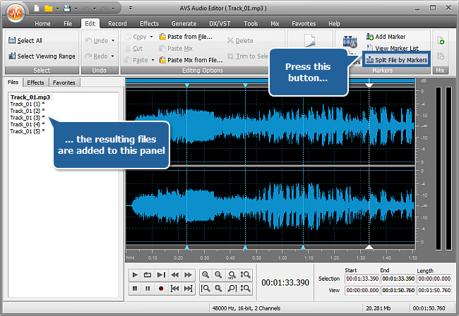 How to split an audio file into separate tracks with AVS Audio Editor? Step 4