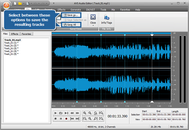 using wavepad free to split audio file