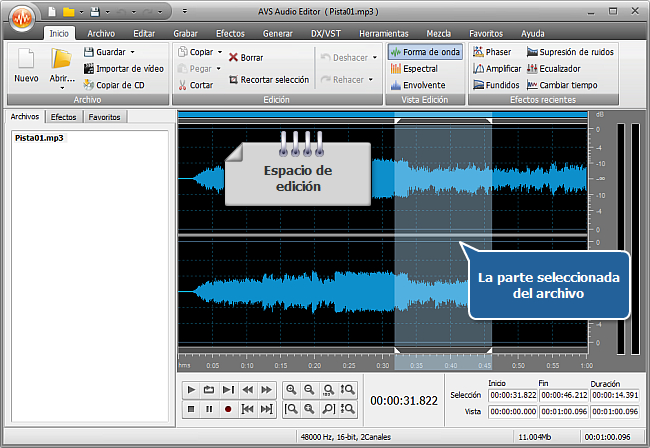 ¿Cómo aplicar efectos de audio en un archivo de audio con AVS Audio Editor? Paso 3