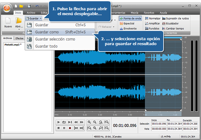 ¿Cómo unir varias pistas de audio en un solo archivo con AVS Audio Editor? Paso 4