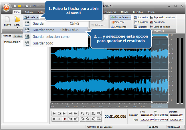 ¿Cómo hacer la duración de una pista coincidir con la de un archivo media usando AVS Audio Editor? Paso 4