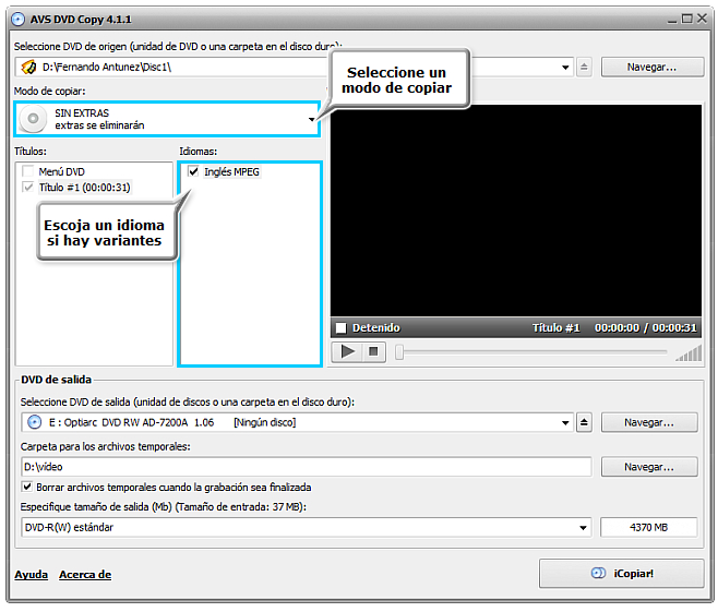 ¿Cómo copiar DVD en DVD y comprimir un DVD9 hasta el tamaño de DVD5? Paso 3