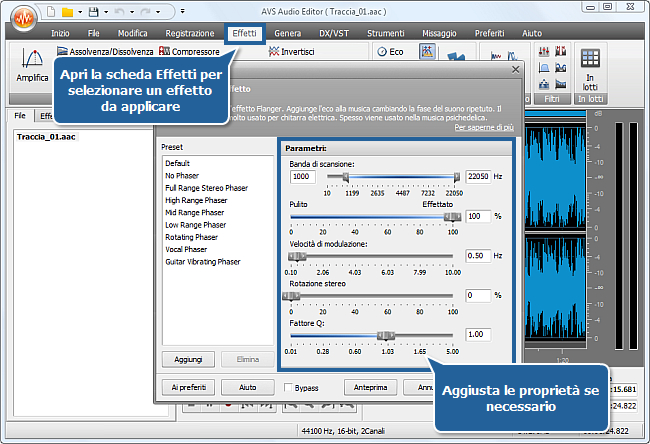 Come si fa ad applicare effetti audio a un file audio usando AVS Audio Editor? Passo 4